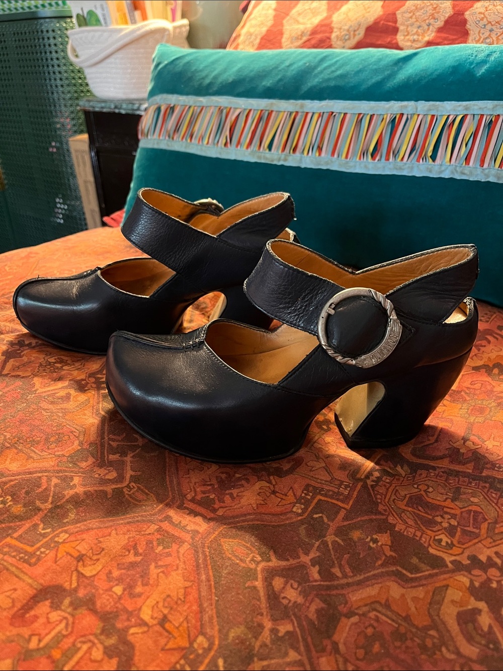 John Fluevog Navy Leather Mary Jane Heels with Silver Buckle